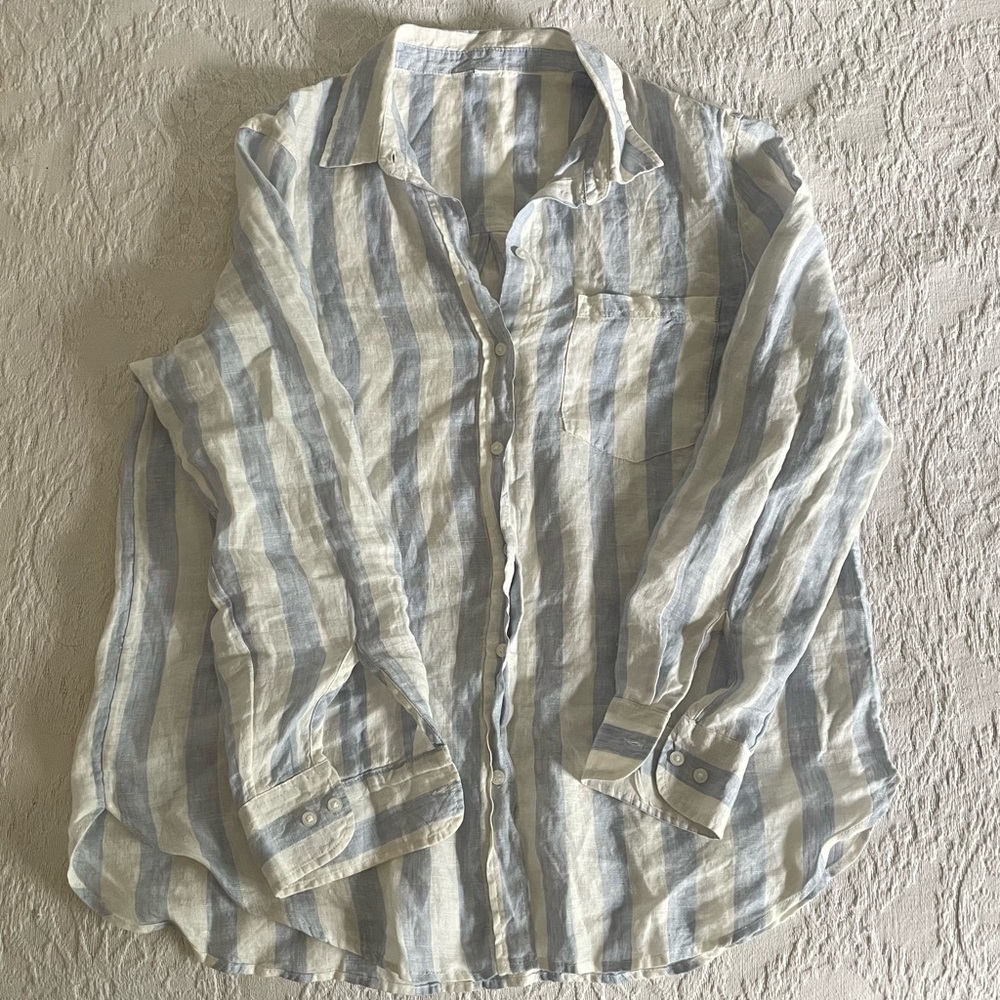 Vintage linen button down long sleeved oversized - medium, blue & white striped